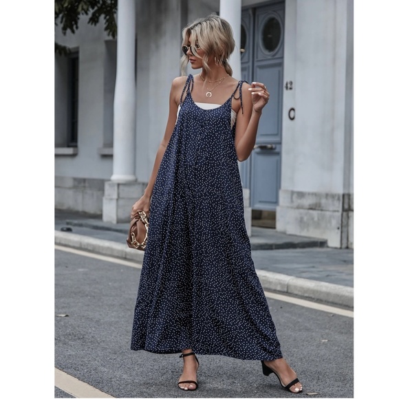 Tie Shoulder Polka Dot Navy Blue Wide Loose Fitting Jumpsuit - Picture 6 of 8